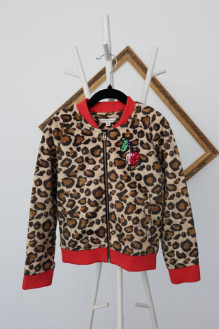 Marc Jacobs girls leopard faux fur jacket with sequin cherry patch, zip-front design, photographed in detail.