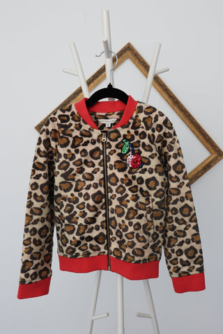 Marc Jacobs girls leopard faux fur jacket with sequin cherry patch, zip-front design, photographed in detail