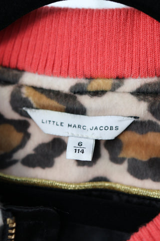 Marc Jacobs girls leopard faux fur jacket with sequin cherry patch, zip-front design, photographed in detail