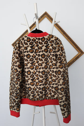 Marc Jacobs girls leopard faux fur jacket with sequin cherry patch, zip-front design, photographed in detail