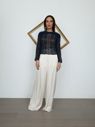 Balmain x H&M navy blue braided rope embellished sleeveless top.