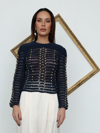 Balmain x H&M navy blue braided rope embellished sleeveless top.