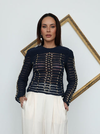 Balmain x H&M navy blue braided rope embellished sleeveless top.