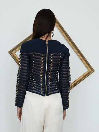 Balmain x H&M navy blue braided rope embellished sleeveless top.
