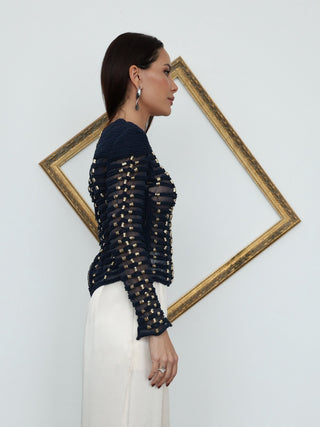 Balmain x H&M navy blue braided rope embellished sleeveless top.