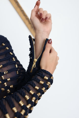 Balmain x H&M navy blue braided rope embellished sleeveless top.