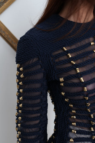 Balmain x H&M navy blue braided rope embellished sleeveless top.