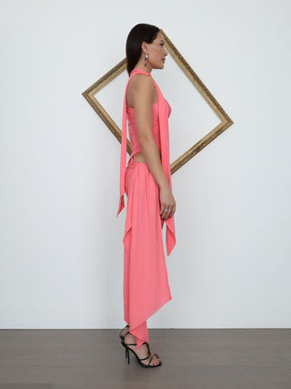 Mugler x H&M pink one-shoulder ruched dress with knot neckline, side cut-out and draped scarf panels, new with tags.