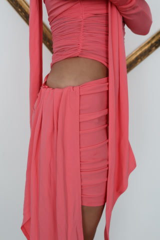 Mugler x H&M pink one-shoulder ruched dress with knot neckline, side cut-out and draped scarf panels, new with tags.