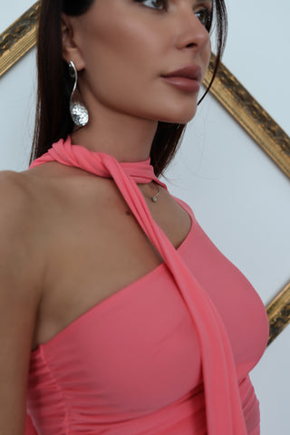 Mugler x H&M pink one-shoulder ruched dress with knot neckline, side cut-out and draped scarf panels, new with tags.