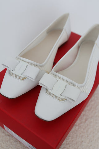 Salvatore Ferragamo Anz white mesh and leather ballet flats with signature bow detail, square toe and original box.
