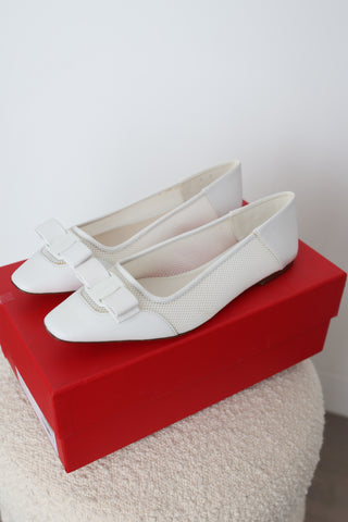 Salvatore Ferragamo Anz white mesh and leather ballet flats with signature bow detail, square toe and original box.