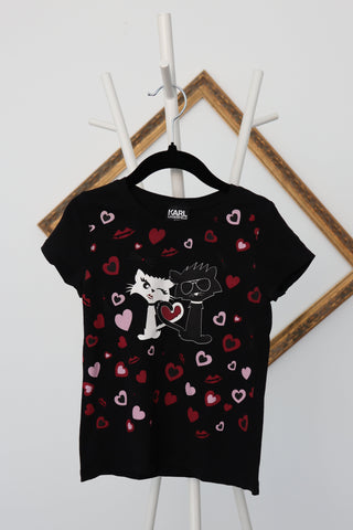 Karl Lagerfeld Kids black Choupette “In Love Cats” graphic T-shirt, size 10 years.