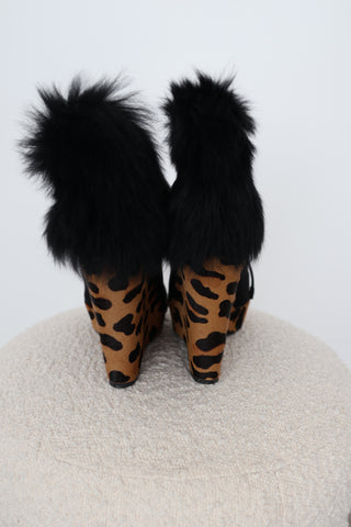 Prada black suede peep-toe wedge ankle boots in EU Size 39 featuring tonal lace-up fronts, plush black fur ankle trim and sculptural leopard-print haircalf platform wedge heels.