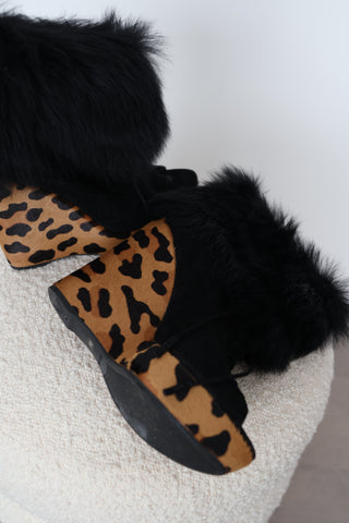 Prada black suede peep-toe wedge ankle boots in EU Size 39 featuring tonal lace-up fronts, plush black fur ankle trim and sculptural leopard-print haircalf platform wedge heels.