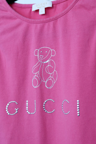 Gucci Kids pink cotton T-shirt with embroidered teddy bear logo, size 5 years.