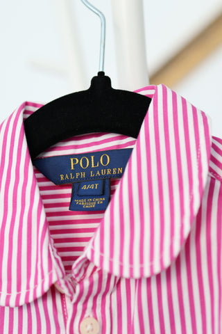 Ralph Lauren girls red and white stripe shirt dress, size 4 years, classic collar style.