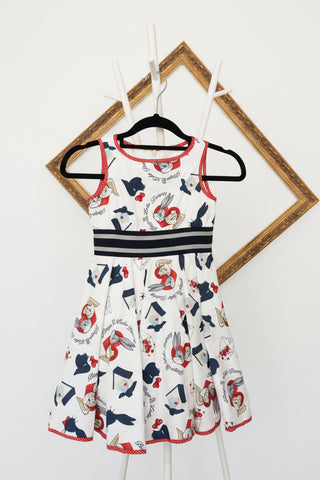 Monnalisa white cotton dress with Bugs Bunny and Lola Bunny print, size 6 years.