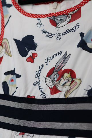 Monnalisa white cotton dress with Bugs Bunny and Lola Bunny print, size 6 years.