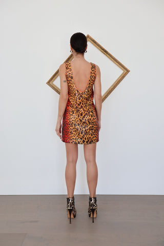 Versace x H&M sequined leopard and tropical print mini dress in pink and gold with low back, photographed for Luxury Kulture.