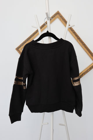 Diesel Kids black long-sleeve pullover with gold sequin stripes and ‘78’ front graphic, size 7 years