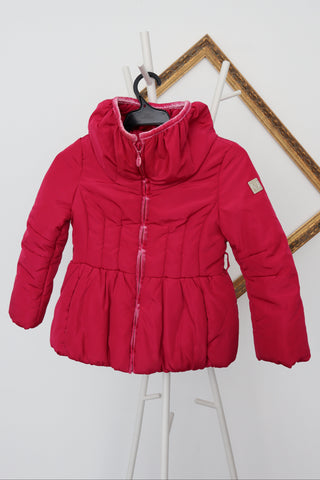 Monnalisa girls pink peplum puffer coat with high collar, size 6 years.