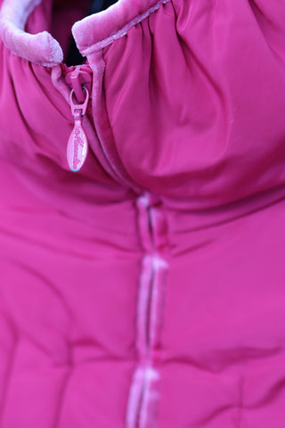 Monnalisa girls pink peplum puffer coat with high collar, size 6 years.