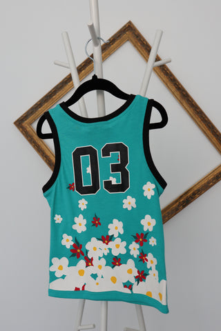 Adidas Originals x Pharrell Williams turquoise “You’re Awake” daisy tank top, size 3–4 years.