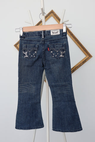 Levi’s girls blue flare jeans with sparkly star embroidery on front and back pockets, size 4.