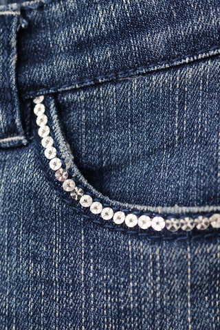 Levi’s girls blue flare jeans with sparkly star embroidery on front and back pockets, size 4.