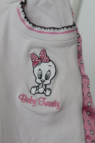 Monnalisa girls white Tweety Bird top with pink bow and matching skirt, size 3 years.