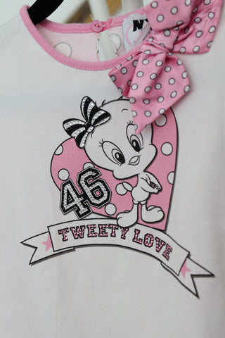 Monnalisa girls white Tweety Bird top with pink bow and matching skirt, size 3 years.