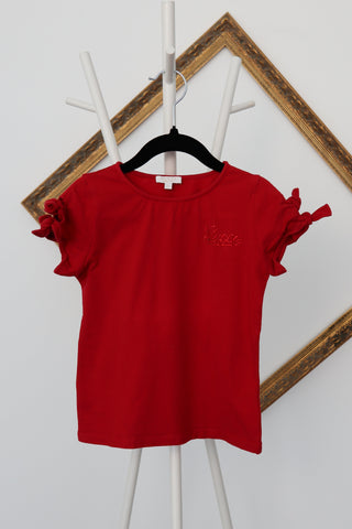 Gucci girls red cotton shirt with crystal embellished logo, size 5 years.