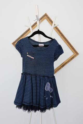 Diesel x Hello Kitty navy denim style dress with pleated skirt and layered tulle underskirt, size 4 years.