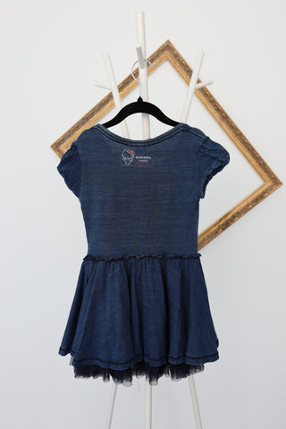 Diesel x Hello Kitty navy denim style dress with pleated skirt and layered tulle underskirt, size 4 years.