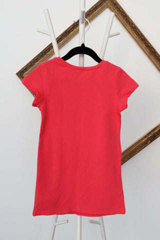 Marc Jacobs girls red salmon cotton dress with trompe l’oeil bag and sunglasses graphic, size 4 years.