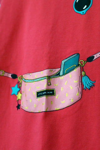 Marc Jacobs girls red salmon cotton dress with trompe l’oeil bag and sunglasses graphic, size 4 years.