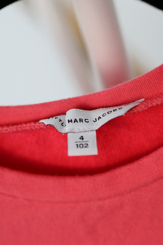 Marc Jacobs girls red salmon cotton dress with trompe l’oeil bag and sunglasses graphic, size 4 years.