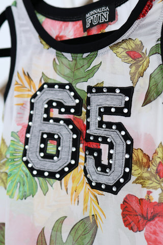 Monnalisa FUN Line tropical floral tank top with number 65 diamante detail and matching shorts, size 4 years.
