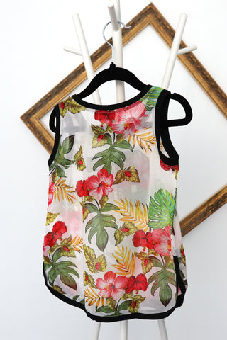 Monnalisa FUN Line tropical floral tank top with number 65 diamante detail and matching shorts, size 4 years.