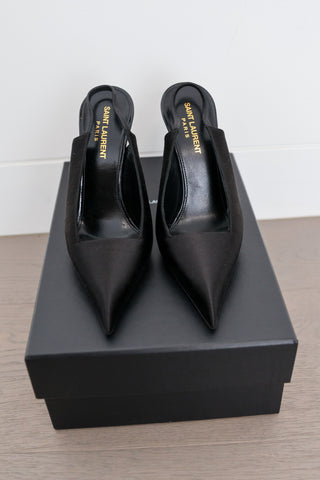 Saint Laurent black satin pointed toe slingback high stiletto heels size 37 new in box.