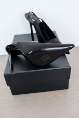 Saint Laurent black satin pointed toe slingback high stiletto heels size 37 new in box.