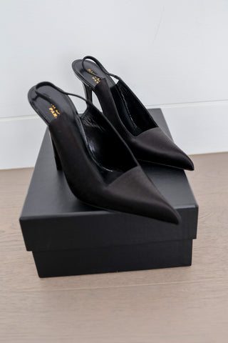 Saint Laurent black satin pointed toe slingback high stiletto heels size 37 new in box.Saint Laurent black satin pointed toe slingback high stiletto heels size 37 new in box.