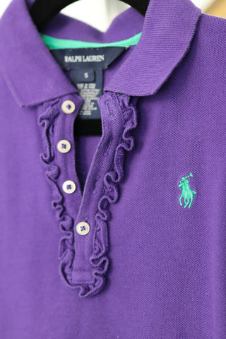Ralph Lauren girls purple polo shirt with ruffled placket and green embroidered logo.