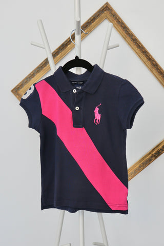 Ralph Lauren girls navy polo shirt with pink diagonal stripe and embroidered pony logo.