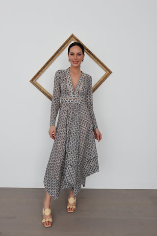 Model wearing Zimmermann long-sleeve V-neck floral print maxi dress with handkerchief hem and lace trims; additional close-ups showing fabric pattern and detailing.