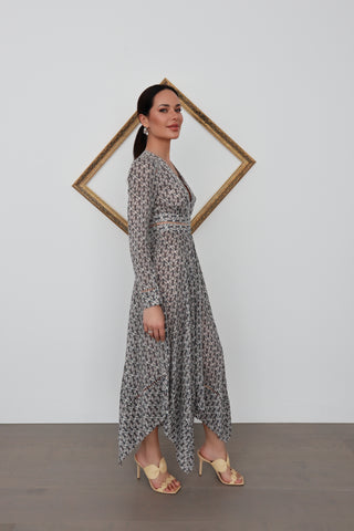 Model wearing Zimmermann long-sleeve V-neck floral print maxi dress with handkerchief hem and lace trims; additional close-ups showing fabric pattern and detailing.