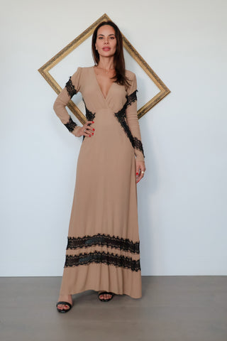 For Love & Lemons nude full-length dress with a plunging V-neckline, long sleeves and contrasting black eyelash lace detailing throughout.