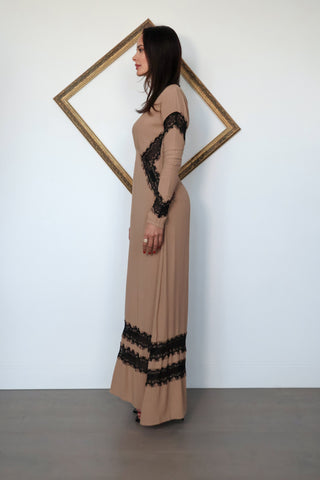 For Love & Lemons nude full-length dress with a plunging V-neckline, long sleeves and contrasting black eyelash lace detailing throughout.