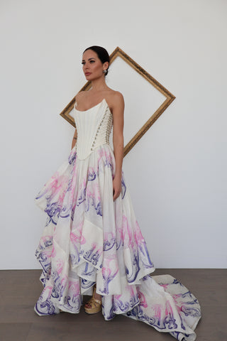 Zimmermann white corseted silk-linen maxi gown with pink and lilac baroque print, photographed for Luxury Kulture.